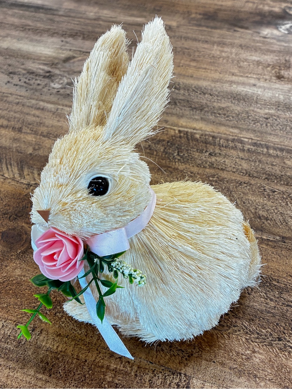 Straw Rabbit Figurine with Pink Rose Collar